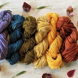 naturally dyed skeins of yarn laid out in the colors of the rainbow