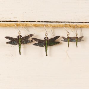 leather dragonfly earrings in two sized displayed hanging on twine