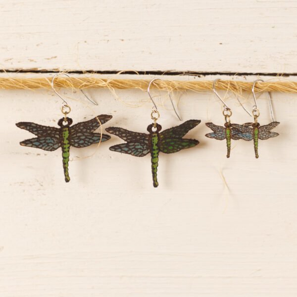 leather dragonfly earrings in two sized displayed hanging on twine