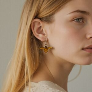 large leather bee dangle worn by a young blonde model