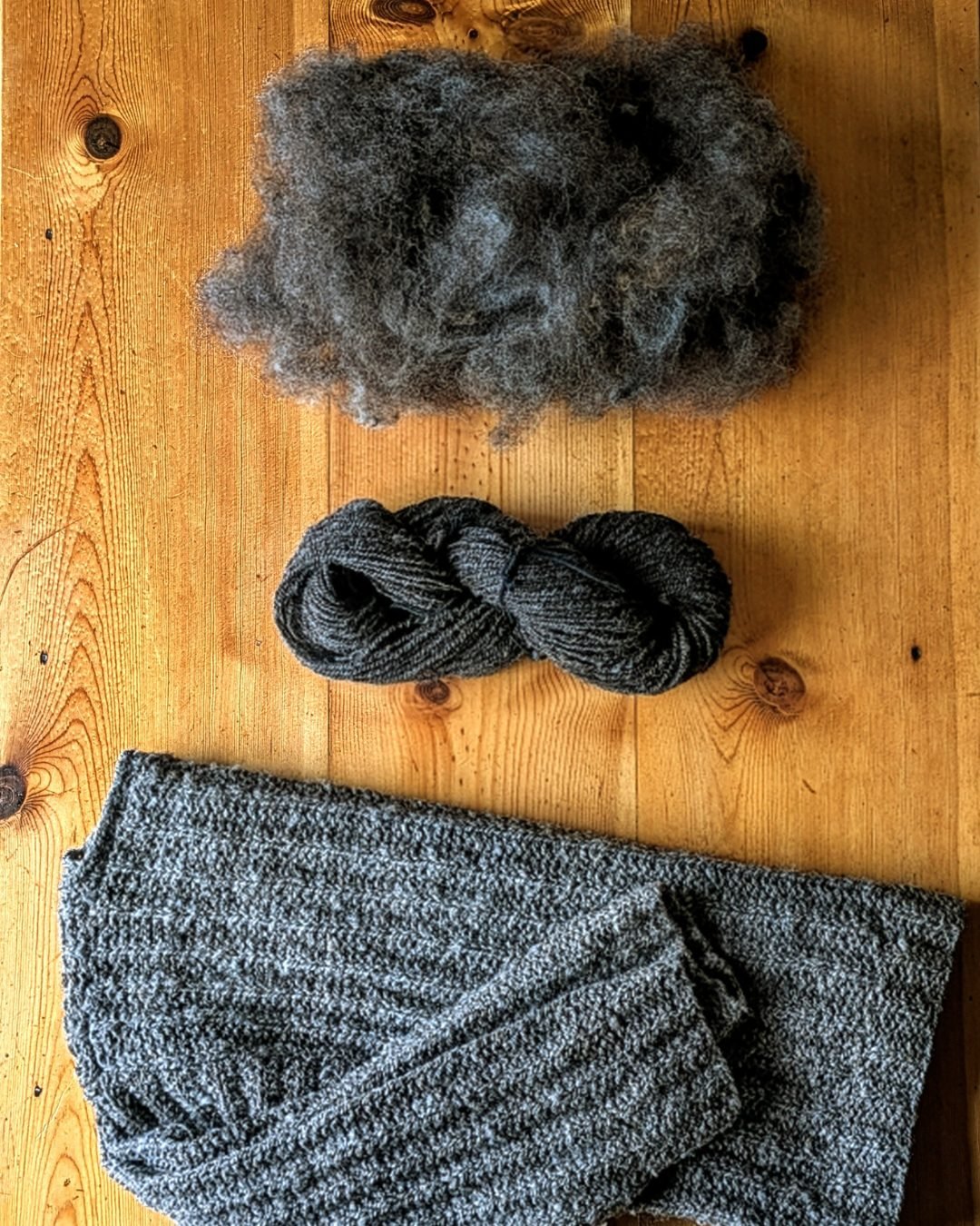 raw wool, handspun yarn and a sweater knit from the same fiber